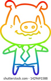 dibujo de una línea de gradiente de arco iris de un jefe de cerdo de caricatura nerviosa