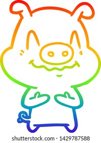 dibujo de la línea de gradiente del arco iris de un cerdo de dibujos animados nerviosos