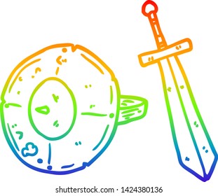 Regenbogengradientenzeichnung eines alten Gladiatorschildes und Schwert