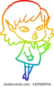 rainbow gradient line drawing of a pointing cartoon elf girl