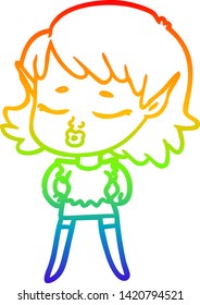 dibujo de la línea de gradiente del arcoiris de una bella elfo de dibujos animados