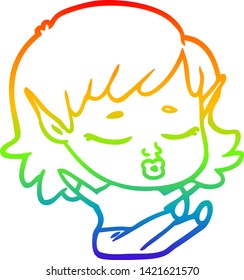 rainbow gradient line drawing of a pretty cartoon elf girl sitting