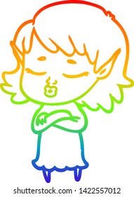 rainbow gradient line drawing of a pretty cartoon elf girl with corssed arms