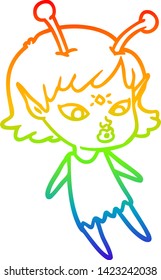 rainbow gradient line drawing of a pretty cartoon alien girl