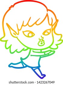 dibujo de la línea de gradiente del arcoiris de una bella elfo de dibujos animados