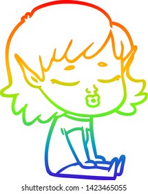 rainbow gradient line drawing of a pretty cartoon elf girl sitting