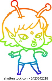 rainbow gradient line drawing of a pretty cartoon alien girl