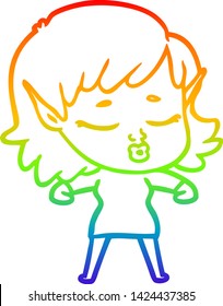 dibujo de la línea de gradiente del arcoiris de una bella elfo de dibujos animados