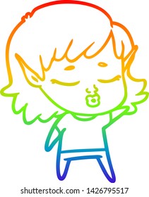 desenho de linha de gradiente arco-íris de uma linda menina elfo desenhos animados