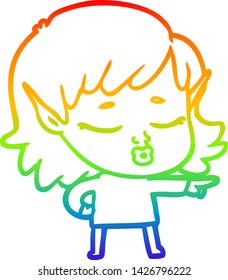 rainbow gradient line drawing of a pretty cartoon elf girl pointing
