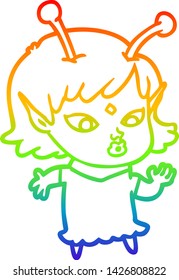 rainbow gradient line drawing of a pretty cartoon alien girl