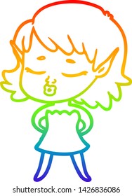 dibujo de la línea de gradiente del arcoiris de una bella elfo de dibujos animados