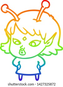 rainbow gradient line drawing of a pretty cartoon alien girl