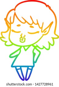 rainbow gradient line drawing of a pretty cartoon elf girl