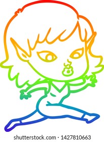 dibujo de la línea del gradiente del arcoiris de una bella joven elfo de dibujos animados corriendo