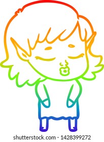rainbow gradient line drawing of a pretty cartoon elf girl