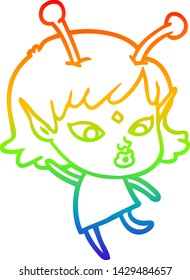 dibujo de una linea de gradiente arco iris de una bella chica alienígena bailando