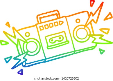 rainbow gradient line drawing of a retro cartoon tape cassette player blasting out old rock tunes