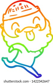 rainbow gradient line drawing of a running man with beard sticking out tongue