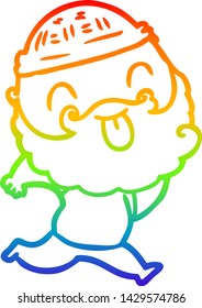 rainbow gradient line drawing of a running man with beard sticking out tongue