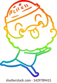 rainbow gradient line drawing of a running man with beard sticking out tongue
