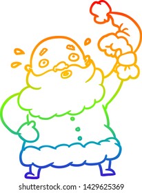 rainbow gradient line drawing of a santa claus waving his hat