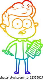 rainbow gradient line drawing of a shocked cartoon salesman