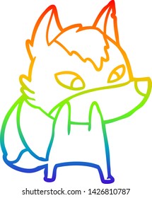 rainbow gradient line drawing of a shy cartoon wolf