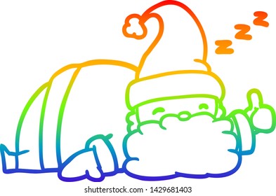 rainbow gradient line drawing of a sleepy santa giving thumbs up symbol