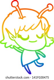 rainbow gradient line drawing of a smiling alien girl cartoon