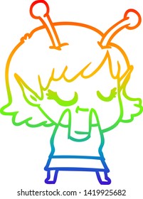 dibujo de la línea de gradiente del arco iris de una caricatura de una chica alienígena sonriente