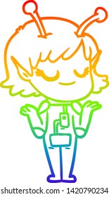 rainbow gradient line drawing of a smiling alien girl cartoon