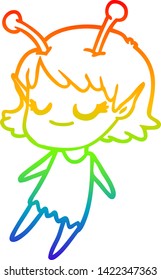 rainbow gradient line drawing of a smiling alien girl cartoon floating