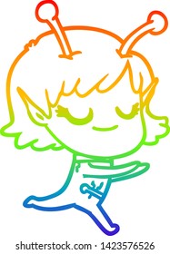 rainbow gradient line drawing of a smiling alien girl cartoon running