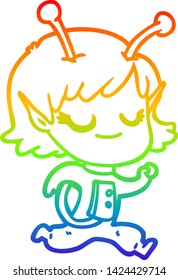 rainbow gradient line drawing of a smiling alien girl cartoon