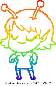 rainbow gradient line drawing of a smiling alien girl cartoon