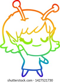 dibujo de la línea de gradiente del arco iris de una caricatura de una chica alienígena sonriente