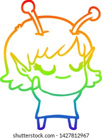 rainbow gradient line drawing of a smiling alien girl cartoon