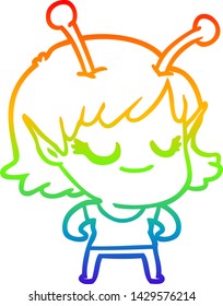 dibujo de la línea de gradiente del arco iris de una caricatura de una chica alienígena sonriente