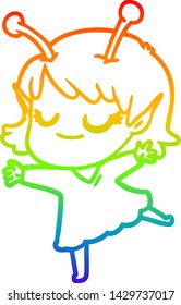 rainbow gradient line drawing of a smiling alien girl cartoon dancing
