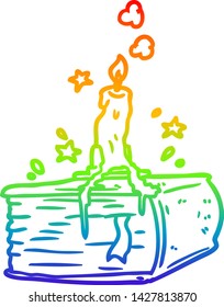 Regenbogengradientenzeilenzeichnung eines spokigen Zauberbuches mit Tropfkerze
