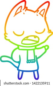 rainbow gradient line drawing of a talking cat wearing winter clothes