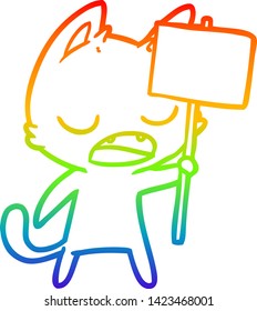 rainbow gradient line drawing of a talking cat cartoon with placard