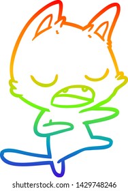 rainbow gradient line drawing of a talking cat dancing