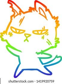 rainbow gradient line drawing of a tough cartoon cat