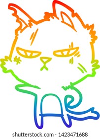 dibujo de una línea de gradiente de arco iris de un gato de dibujos animados duros apuntando