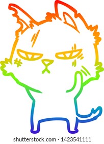 rainbow gradient line drawing of a tough cartoon cat