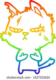 rainbow gradient line drawing of a tough cartoon cat