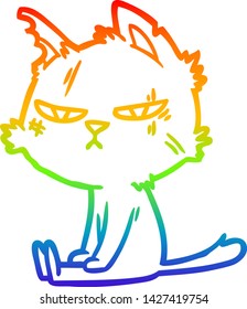 Regenbogen-Farbverlauf-Zeichnung einer harten Cartoon Katze sitzend