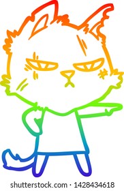 rainbow gradient line drawing of a tough cartoon cat girl pointing